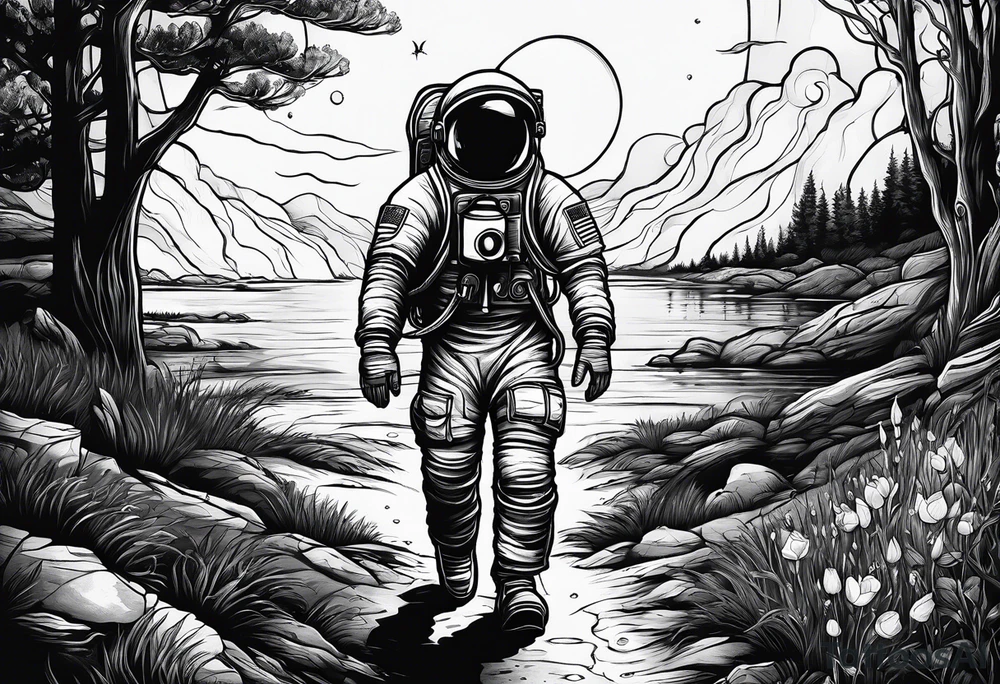 An astronaut holding a candle lantern to walk through beautiful landscape in the dark tattoo idea