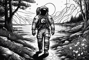 An astronaut holding a candle lantern to walk through beautiful landscape in the dark tattoo idea