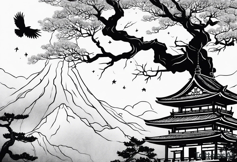 Crow moon tree temple ruins tattoo idea