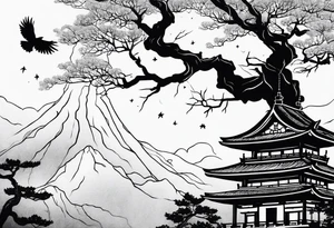 Crow moon tree temple ruins tattoo idea