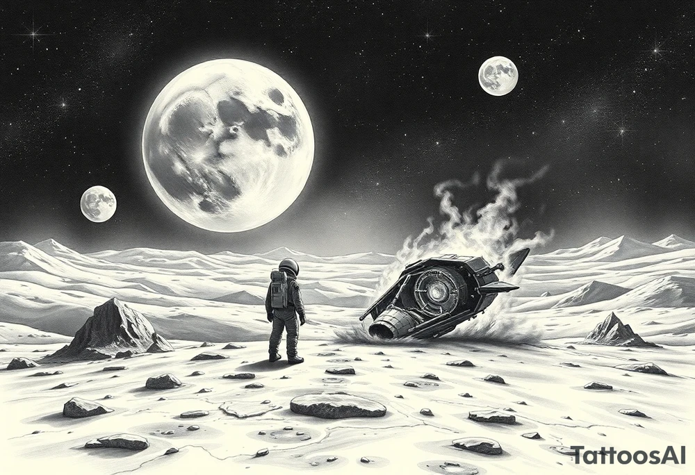 Full sleeve tattoo design for the right forearm, in realistic black and grey style.
The scene shows a lonely astronaut standing on the surface of an unknown planet, similar to the Moon’s landscape.
In front of him stretches a vast, mysterious universe filled with glowing planets, stars, and cosmic nebula light.
A few meters beside him lies a crashed and smoking spaceship, broken and damaged, showing clear signs of impact.
The image represents loneliness and survival — the moment when the astronaut realizes he is completely alone in an unfamiliar world.
The atmosphere should feel melancholic, cinematic, and deeply emotional, combining realism with fantasy.
Fine shading, detailed textures, and strong light-shadow contrast, designed to wrap naturally around the right forearm. tattoo idea