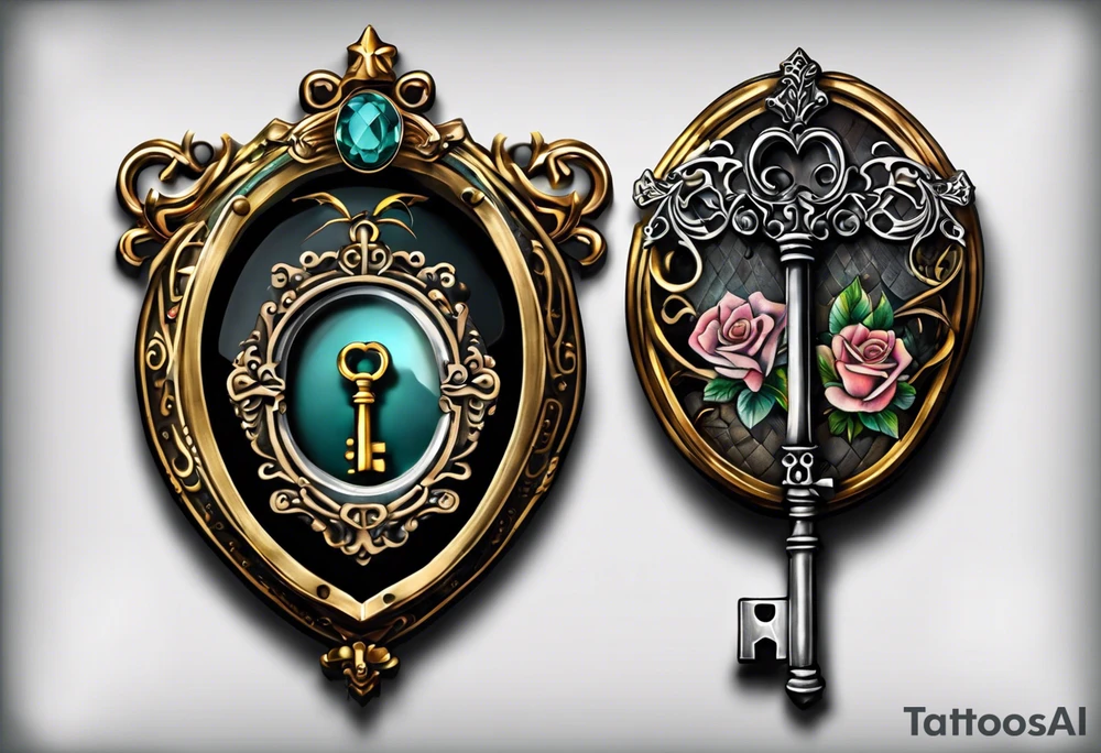 couple tattoos of an old antique key and locket set. the key is on the males inner thigh. the antique locket is going on her inner thigh. when tattoos are together the key looks like it unlocks the locket. tattoo idea
