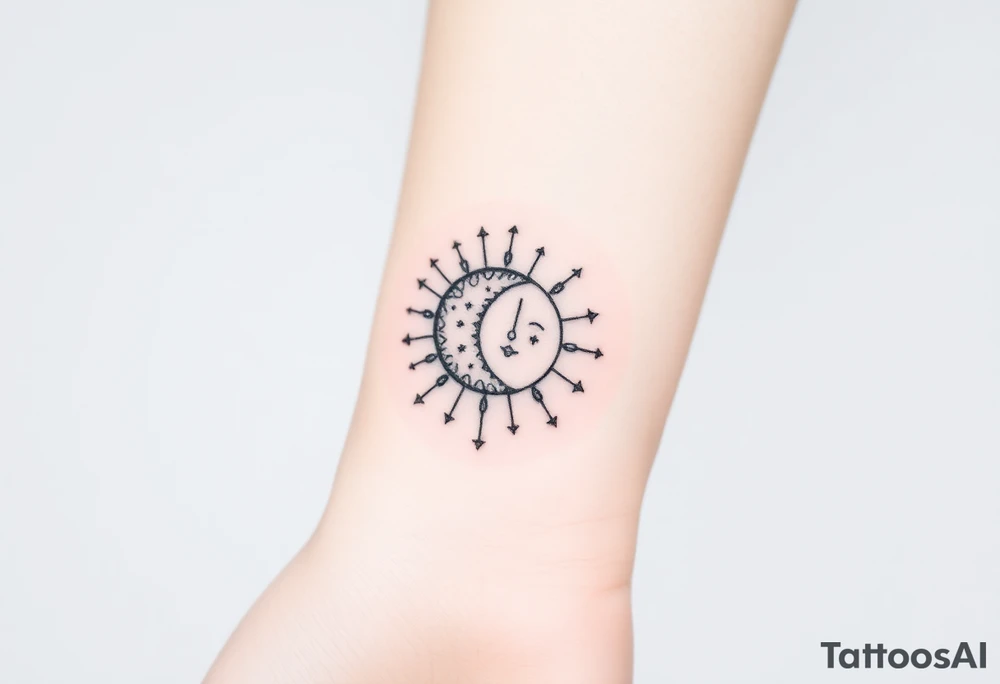 celestial sun and moon embrace with constellation patterns tattoo idea