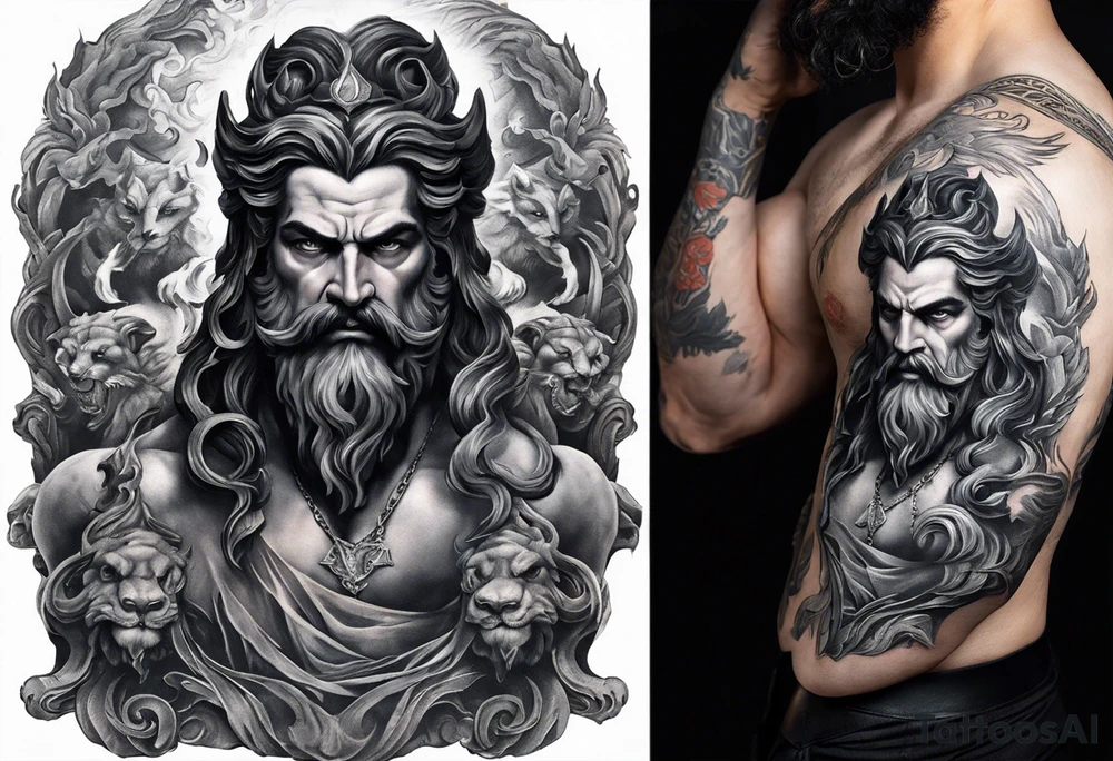 The tattoo features a highly realistic depiction of Hadès, the Greek god of the underworld, holding Cerberus, the three-headed guardian of the underworld, on a chain. Hadès is portrayed with a commanding and imposing presence. His face, marked by stern and intense eyes, exudes authority and control. His dark, flowing hair and beard are rendered with intricate details, adding texture and depth. He is draped in a richly detailed cloak that falls in realistic folds, enhancing his divine and somber demeanor. Cerberus, depicted in a dynamic and fierce pose, is shown with his three heads snarling and baring their fangs. Each head is intricately detailed with lifelike fur, sharp eyes, and menacing expressions. The three heads are chained, with the chains artistically wrapped around Hadès' hand, symbolizing his dominance over the beast. The chains themselves are depicted with realistic textures and shadows, emphasizing their weight and strength. The background remains minimalistic to keep the focus on Hadès and Cerberus. The tattoo uses detailed shading and highlights to bring out the textures of Hadès' cloak, Cerberus' fur, and the chains, capturing the dark and powerful essence of the Greek god and his fearsome guardian. tattoo idea