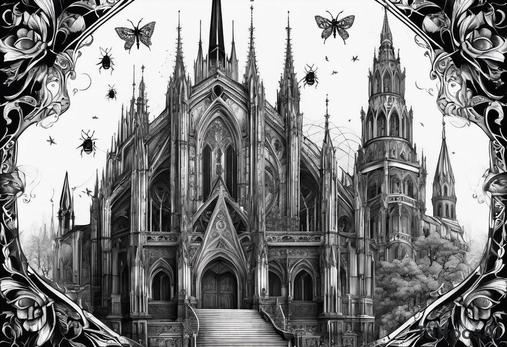 Gothic cathedral with beauty girl face with horror eyes and insects tattoo idea