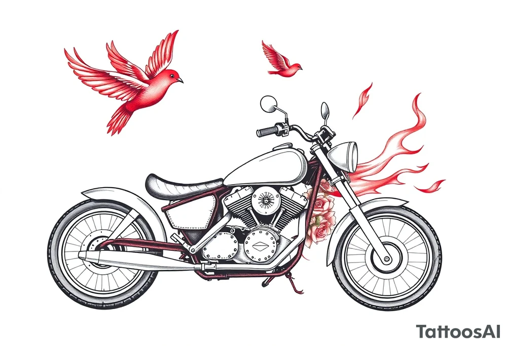 Motorcycle, red bird flying, roses and lace, flames tattoo idea