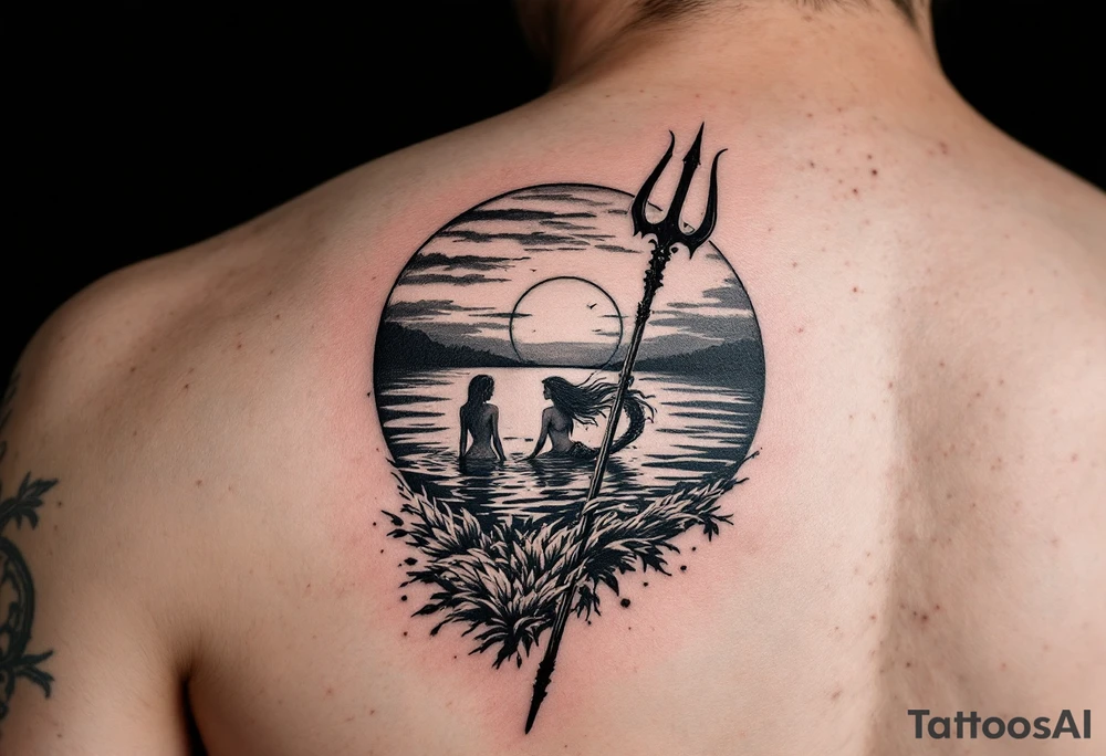 trident half way under calm water with mermaid at sunset tattoo idea