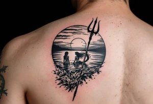 trident half way under calm water with mermaid at sunset tattoo idea