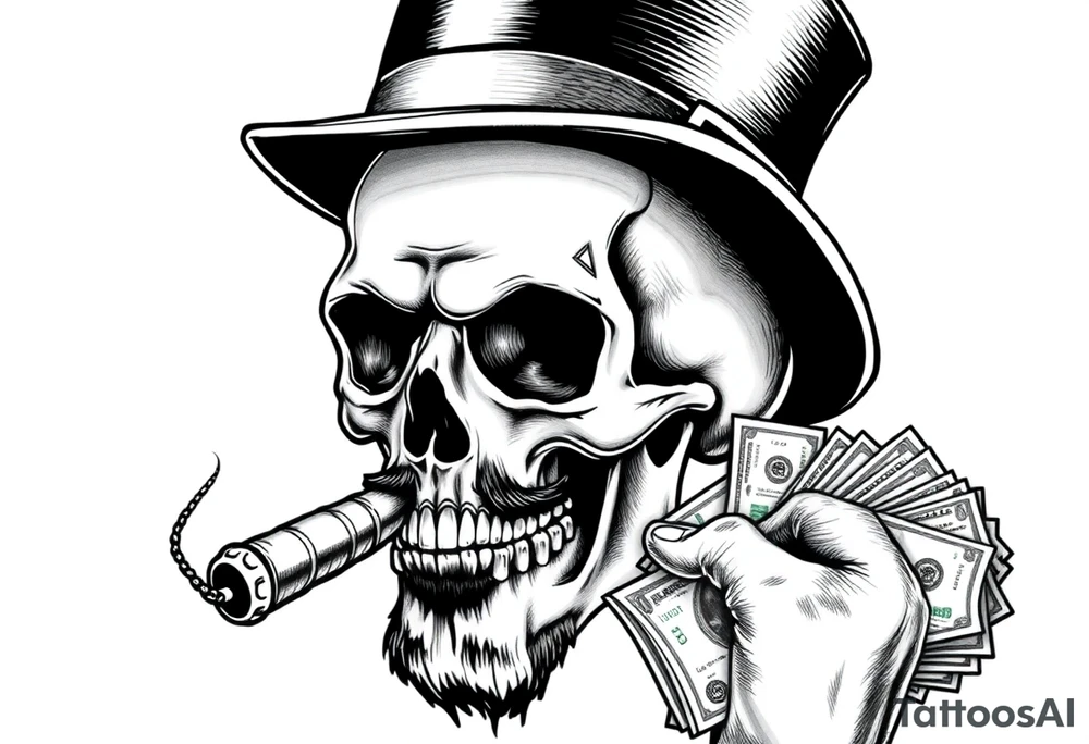 skull with mustache,a big cigar in his mouth,a top-hat on his head and alot of money in a hand. tattoo idea