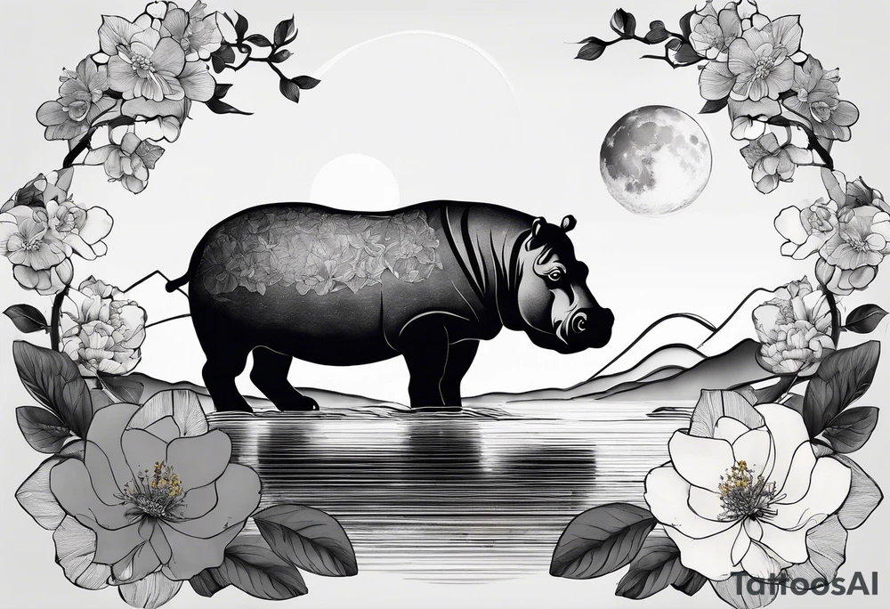Asymmetrical, geometric, chinese ink art touch, hippo , full moon, wintersweet flower, light , modify from my favourite tattoo idea