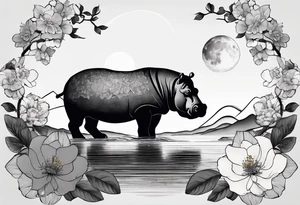 Asymmetrical, geometric, chinese ink art touch, hippo , full moon, wintersweet flower, light , modify from my favourite tattoo idea