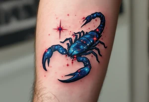 Rising with passion and danger, the Scorpius constellation lights the sky with crimson and sapphire fire in closure of its star constellation tattoo idea