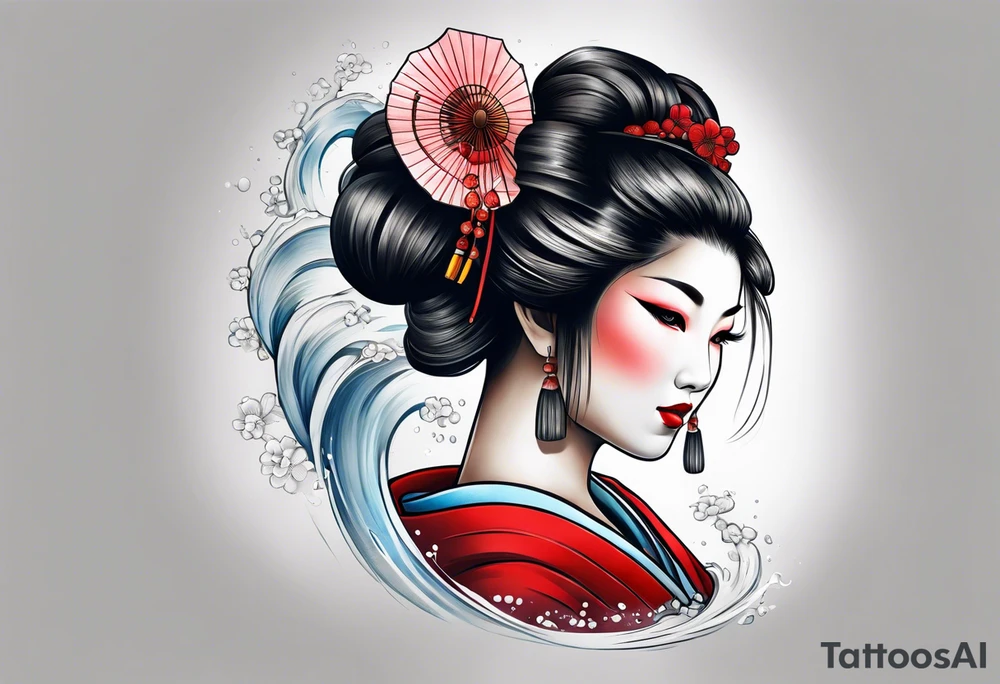 geisha girl that is also a Japanese waterfall tattoo idea