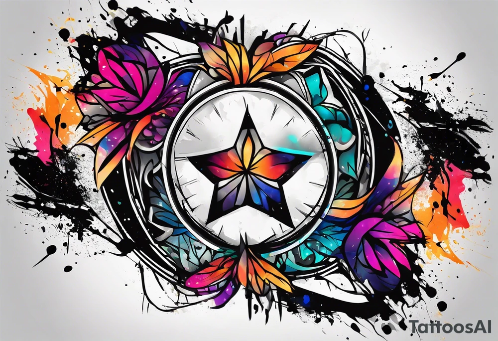 large forearm tattoo with lines, splatters, abstract shapes, very colorful. tattoo idea