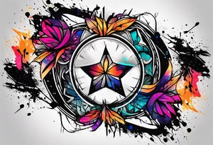 large forearm tattoo with lines, splatters, abstract shapes, very colorful. tattoo idea