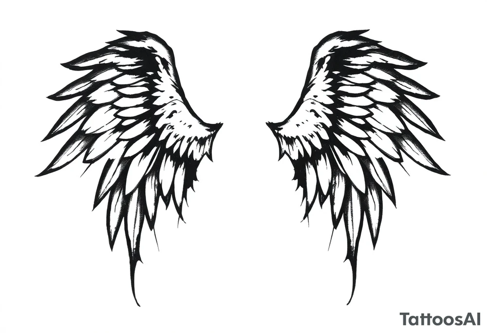 the wings go up

This tattoo design features a pair symmetrical angel wings drawn in black ink with a rough, sketch-like style. The left wing is darker, more defined, and appears denser, while the right wing is lighter, more delicate, and fragmented, creating a contrast between the two. The feathers are sharp and irregular, with fine lines and stray strokes extending outward, adding a raw and artistic feel. The overall look is dynamic and slightly chaotic, giving the impression of movement or an unfinished, ethereal form. This design symbolizes duality, freedom, transformation, or even struggle, making it a meaningful and visually striking tattoo. tattoo idea