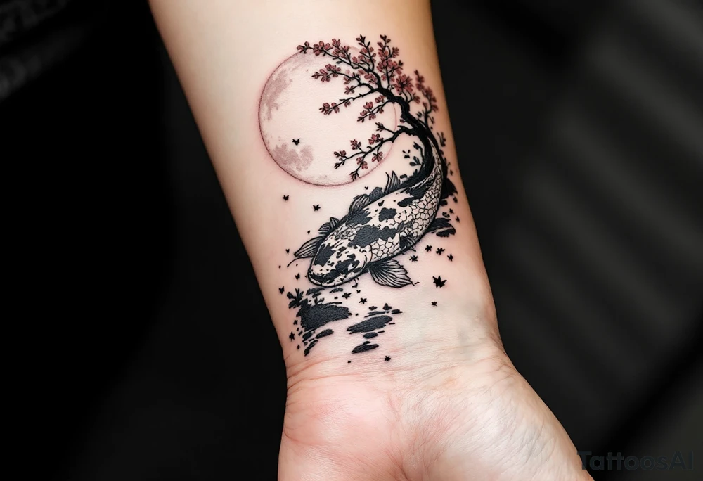 vertical piece
a koi fish swimming UP the stream in a pond moonlight by the full moon with a sakura tree by the pond tattoo idea