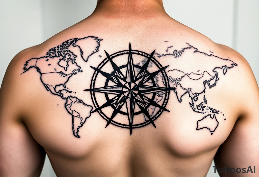 antique compass rose overlaid on weathered world map with sailing ships tattoo idea