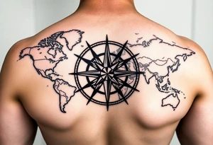 antique compass rose overlaid on weathered world map with sailing ships tattoo idea