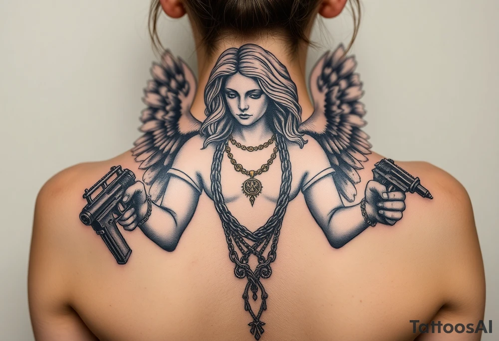 old angel statue in criminal style, tattooed and at the same time contemporary, weapons in hand, gangster-style gold necklaces tattoo idea