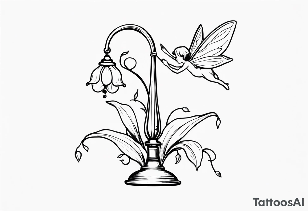 Lily of the valley stem with a fairy resting on one of the bells tattoo idea