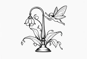 Lily of the valley stem with a fairy resting on one of the bells tattoo idea