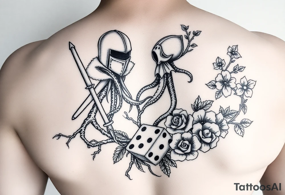 knight and squid combined with tree roots, cherry blossoms and roses rolling dice tattoo idea