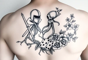 knight and squid combined with tree roots, cherry blossoms and roses rolling dice tattoo idea