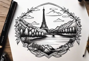 a river flowing beneath eagle's nest next to the eiffel tower next to a mountain chain tattoo idea