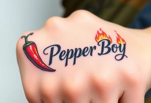 Chili pepper and fire lettering says Pepper Boy tattoo idea