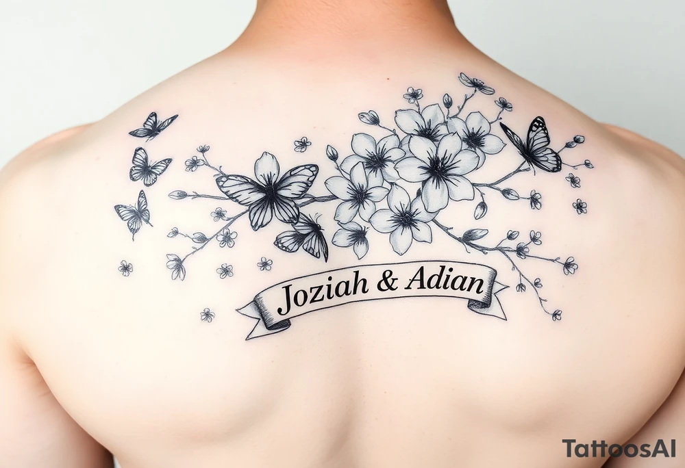 delicate cherry blossoms swirling in spring breeze with petals with medium and small butterfly's and a ribbon with the name Joziah & Adian tattoo idea