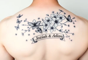 delicate cherry blossoms swirling in spring breeze with petals with medium and small butterfly's and a ribbon with the name Joziah & Adian tattoo idea