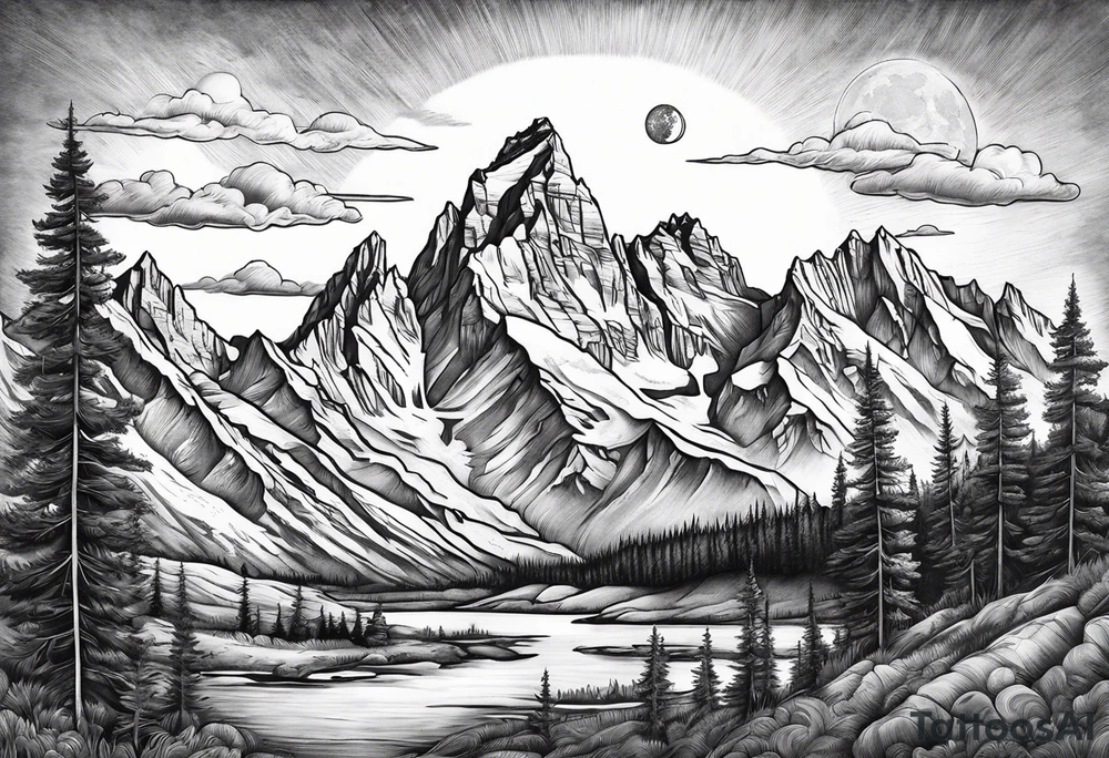 Half sleeve of Teton mountain range with moon in sky tattoo idea
