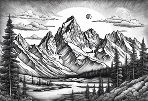 Half sleeve of Teton mountain range with moon in sky tattoo idea