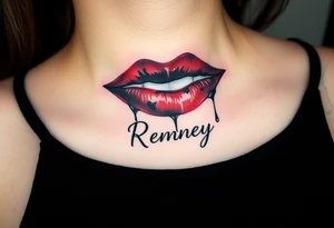 Seductive Stain from lipstick kiss with name Reney lowercase with drool tattoo idea