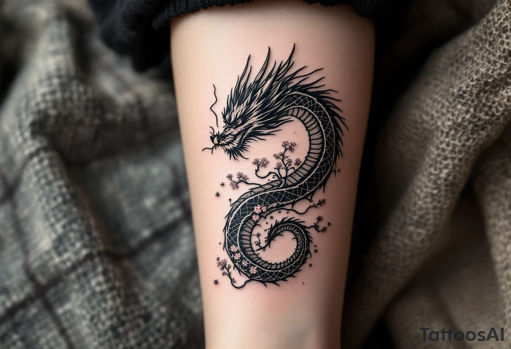 detailed dragon japanese style sakura trees abstract lines dark/rough aesthetic tattoo idea