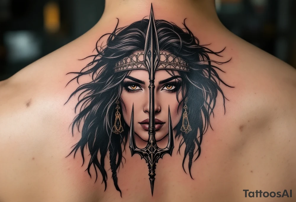 american indian woman face with black hair behind trident tattoo idea