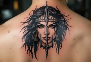 american indian woman face with black hair behind trident tattoo idea