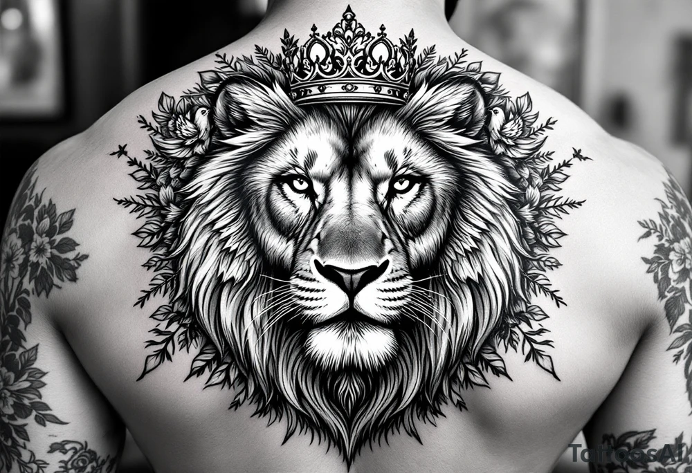 powerful majestic lion with a crown, surrounded by floral ornaments and birds tattoo idea