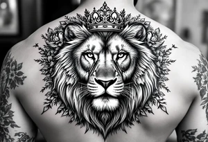 powerful majestic lion with a crown, surrounded by floral ornaments and birds tattoo idea