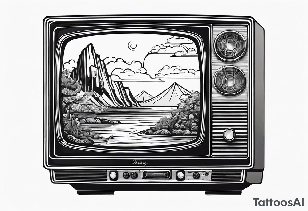 retro tv with broken screen that shows another world tattoo idea
