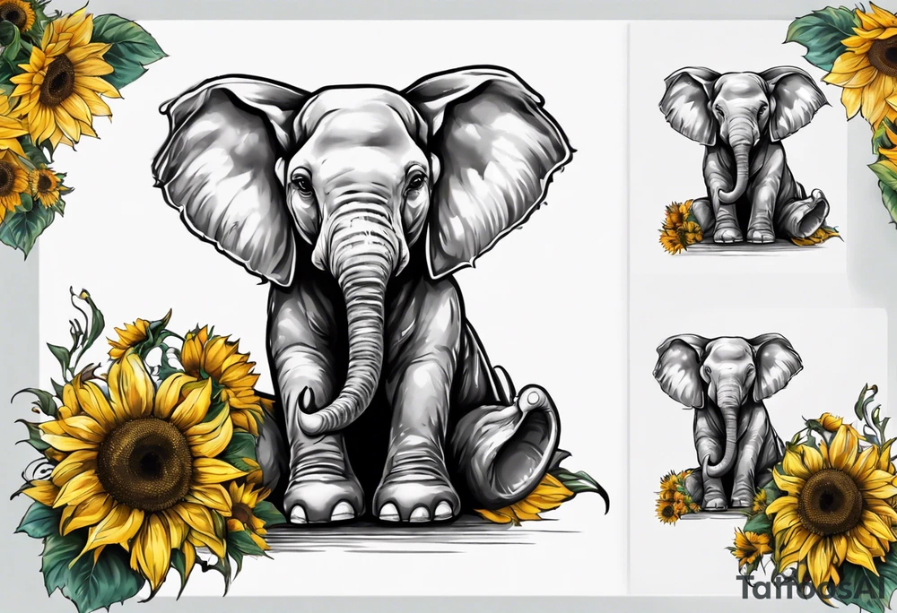 Sitting young elephant with trunk raised in air with sunflowers around it tattoo idea