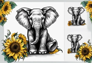 Sitting young elephant with trunk raised in air with sunflowers around it tattoo idea