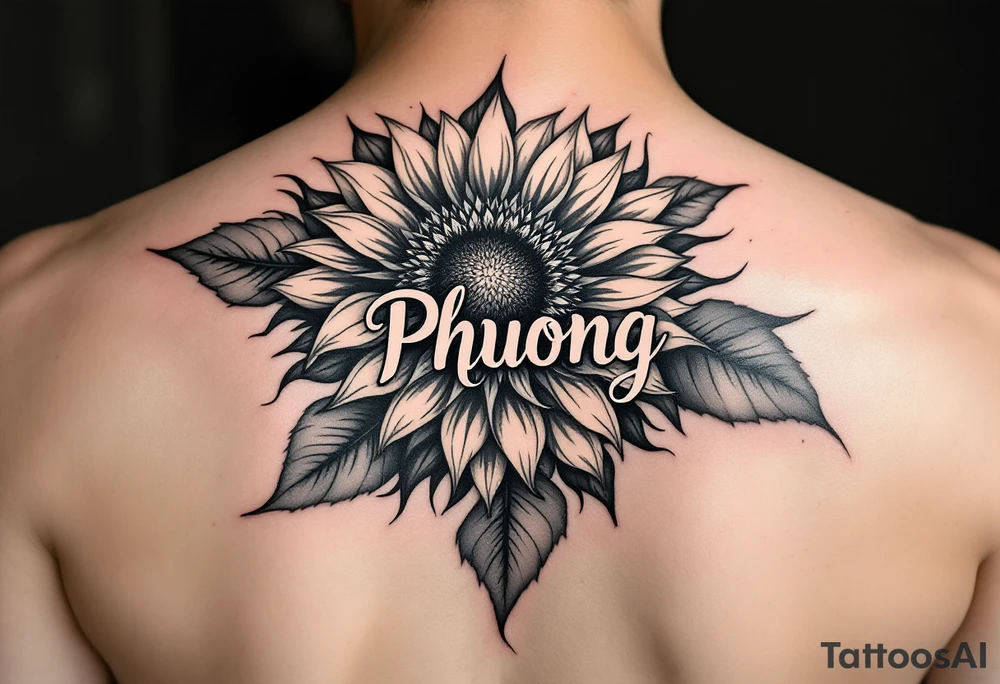 Word "Phuong" written with sunflower tattoo idea