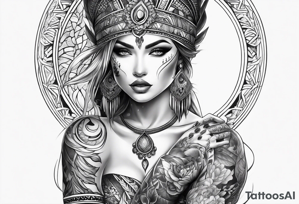 Woman’s thigh tattoo. Face with symbol of motherhood and soft warrior tattoo idea