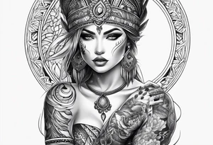 Woman’s thigh tattoo. Face with symbol of motherhood and soft warrior tattoo idea