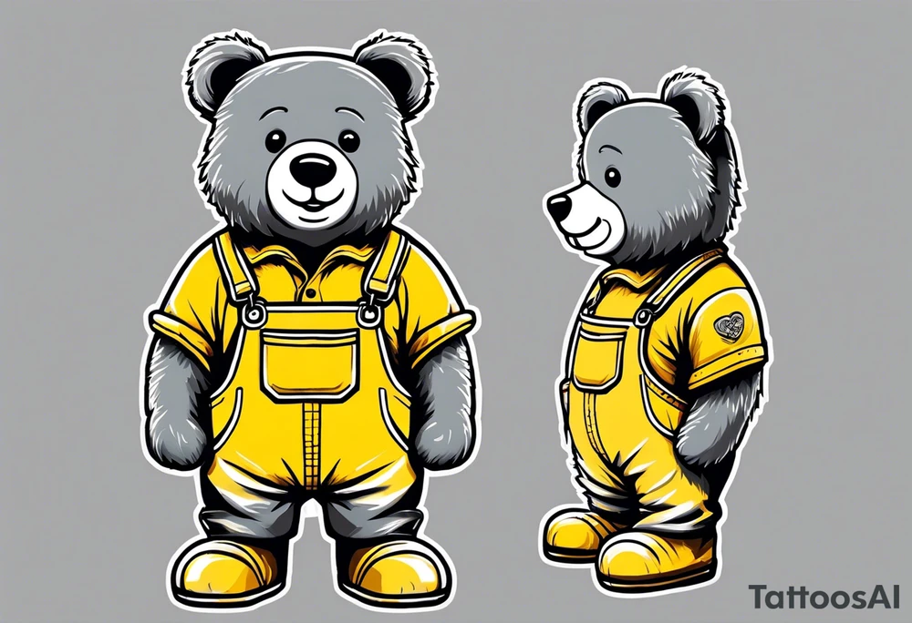 the back image of a grey teddy bear standing in yellow overalls, white tank top, striped boots and holding his left arm up to hold a hand tattoo idea