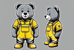 the back image of a grey teddy bear standing in yellow overalls, white tank top, striped boots and holding his left arm up to hold a hand tattoo idea