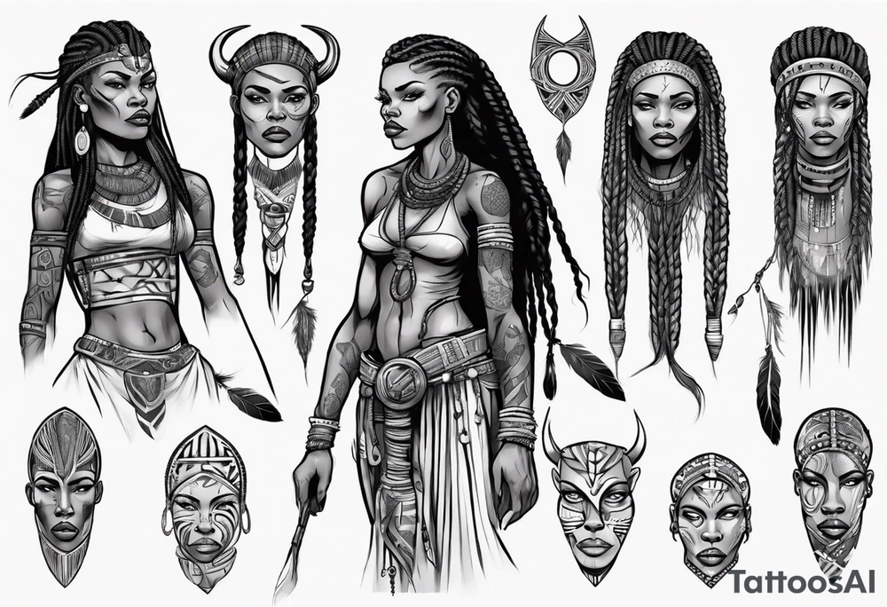 African female Viking  full body 
slim long face small mouth long braided hair tattoo idea