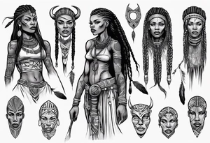 African female Viking  full body 
slim long face small mouth long braided hair tattoo idea